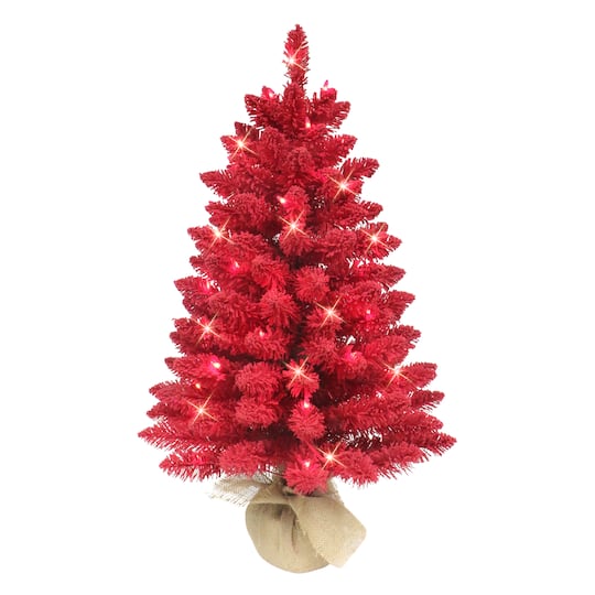 3ft. Pre-Lit Red Artificial Flocked Christmas Tree with Burlap Base, Clear Lights